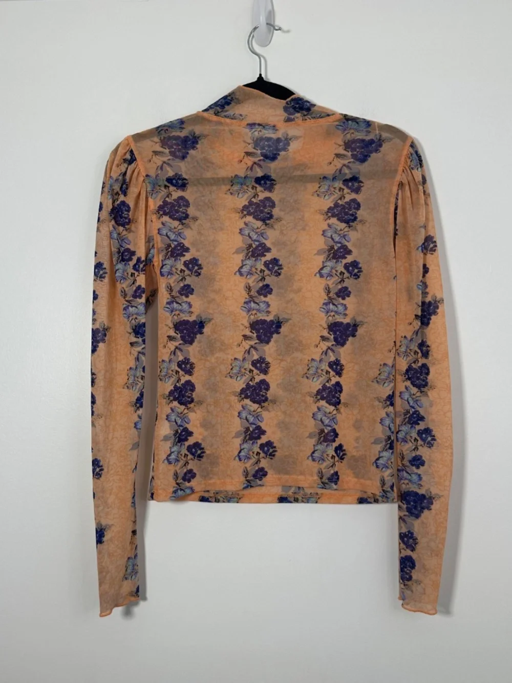 Free People Size XS Coral Floral High Neck Mesh Top Long-Sleeve Sheer Boho
